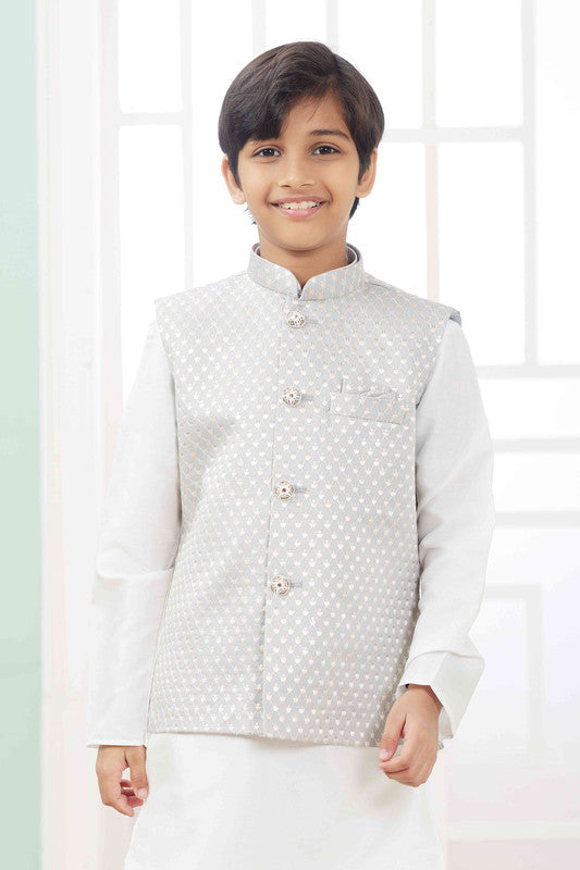 Boy's Grey Art Silk Embroidery Jacket Set