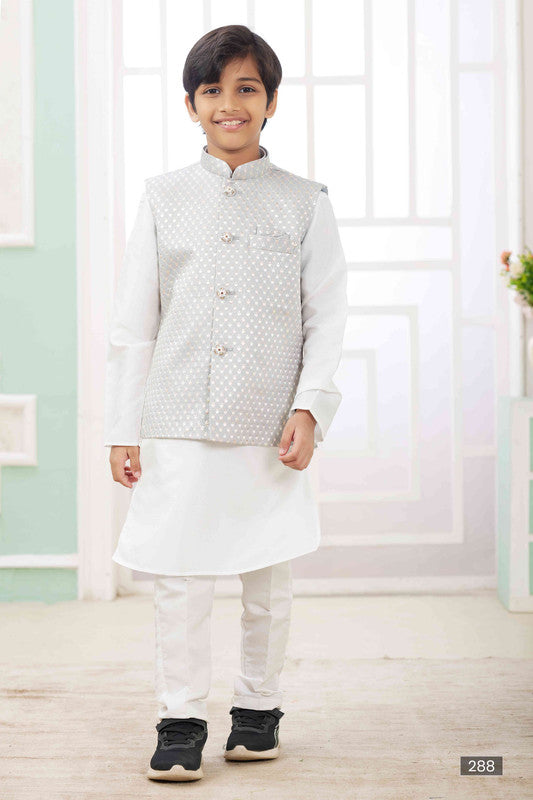 Boy's Grey Art Silk Embroidery Jacket Set