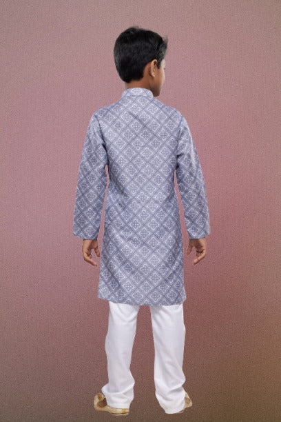Boy's Grey Cotton Digital Print Kurta Set