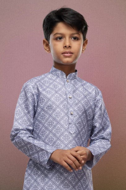 Boy's Grey Cotton Digital Print Kurta Set