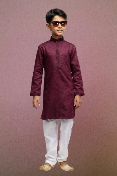 Boy's Maroon Art Silk Thread Work Kurta Set