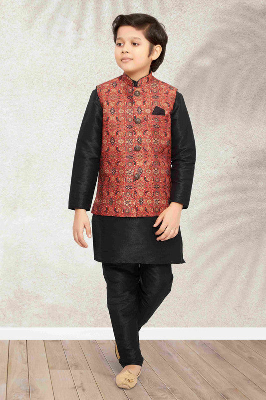Boy's Maroon Banarasi Silk Digital Printed Jacket Set