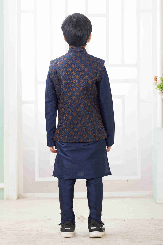 Boy's Navy Blue Art Silk Embroidery Jacket Set