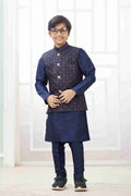 Boy's Navy Blue Art Silk Embroidery Jacket Set