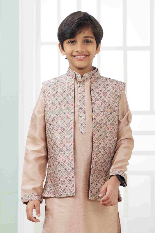 Boy's Peach Art Silk Embroidery Jacket Set