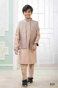 Boy's Peach Art Silk Embroidery Jacket Set