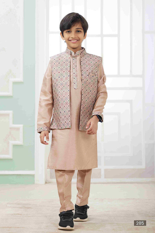 Boy's Peach Art Silk Embroidery Jacket Set