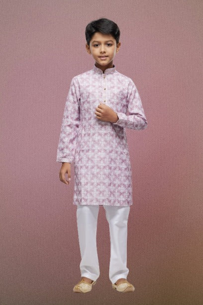 Boy's Pink Cotton Thread Work Kurta Set