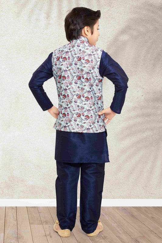Boy's Sky Blue Banarasi Silk Digital Printed Jacket Set