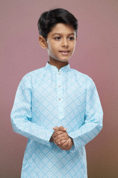 Boy's Sky Blue Cotton Digital Print Kurta Set