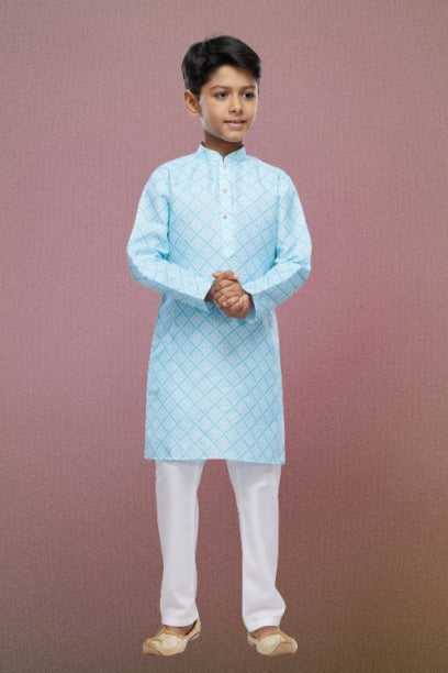 Boy's Sky Blue Cotton Digital Print Kurta Set