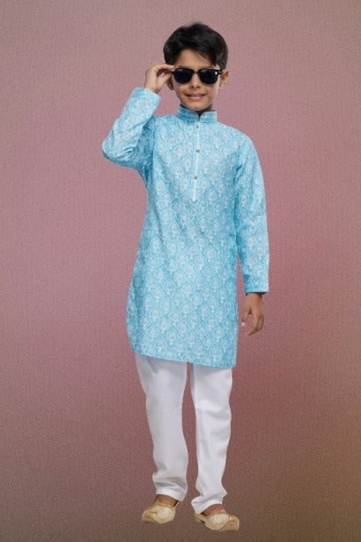 Boy's Sky Blue Cotton Thread Work Kurta Set