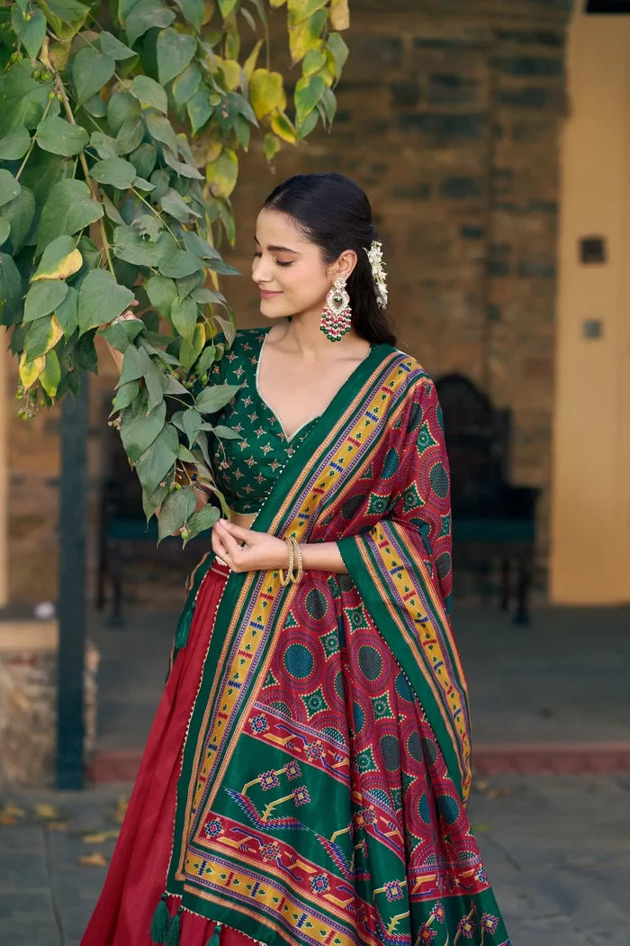Brick Red Tasar Silk Printed Lehenga Choli