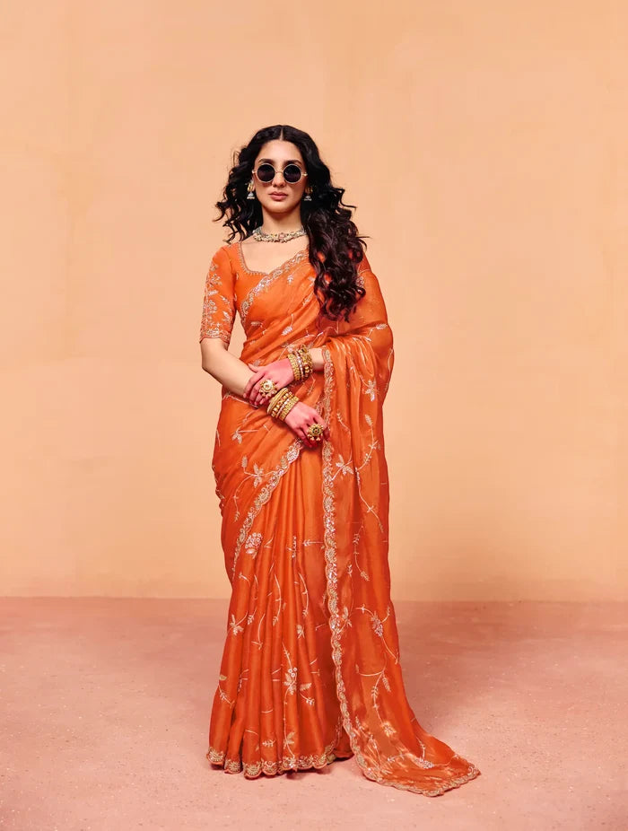Bright Orange Satin Embroidery Saree