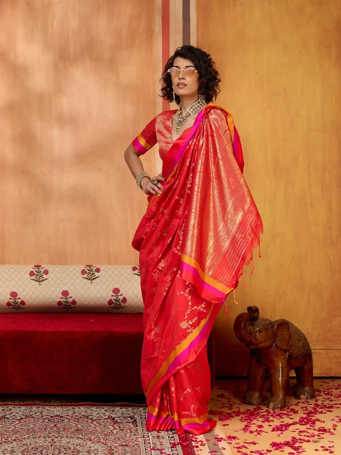 Bright Red Soft Silk Zari Weaving Saree