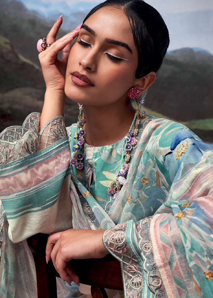 Brown & Blue Digital Printed Linen Suit & Embroidery work - qivii