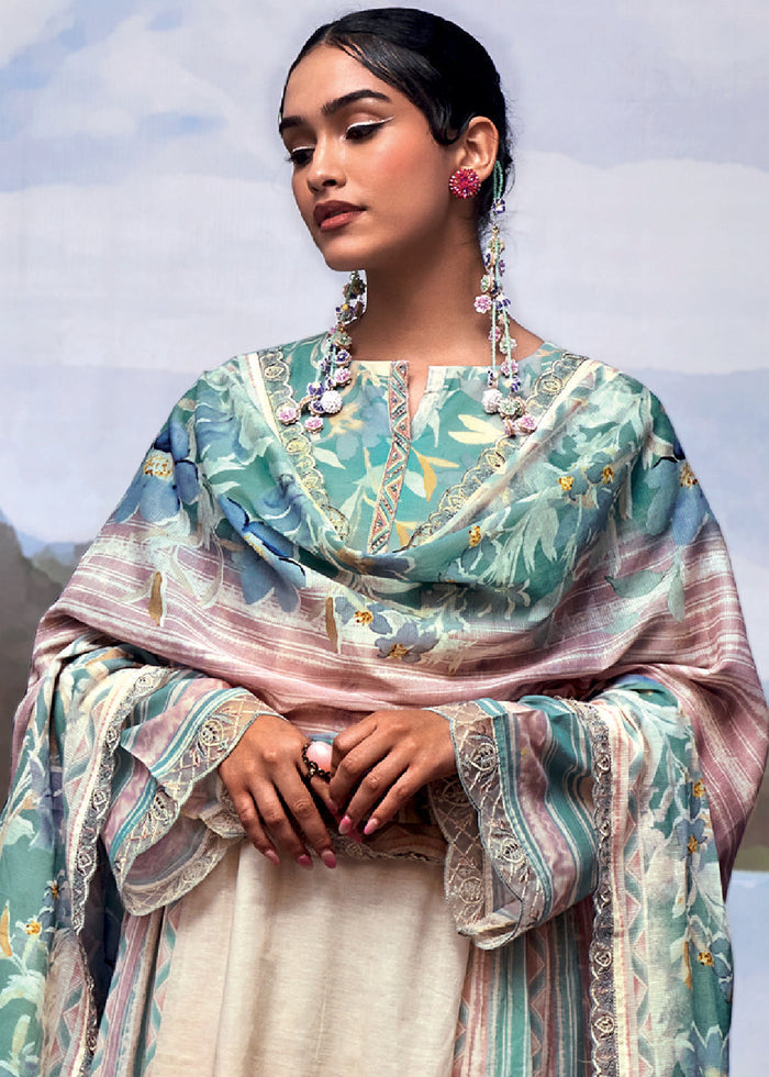 Brown & Blue Digital Printed Linen Suit & Embroidery work - qivii