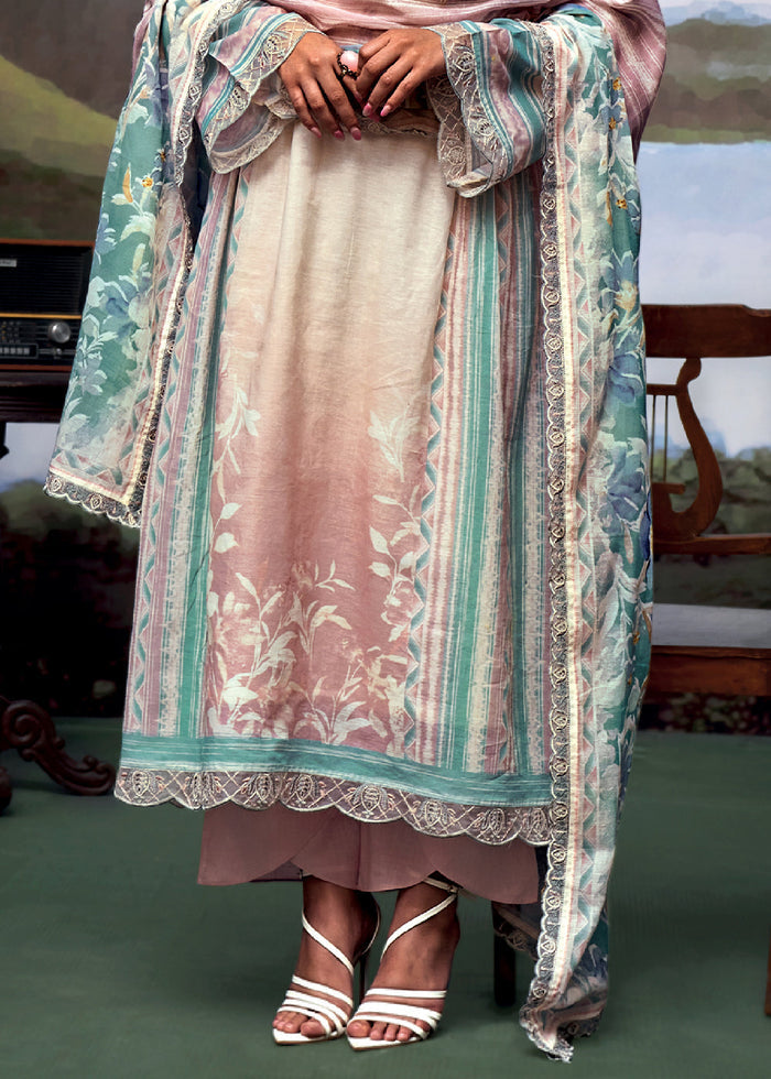 Brown & Blue Digital Printed Linen Suit & Embroidery work - qivii