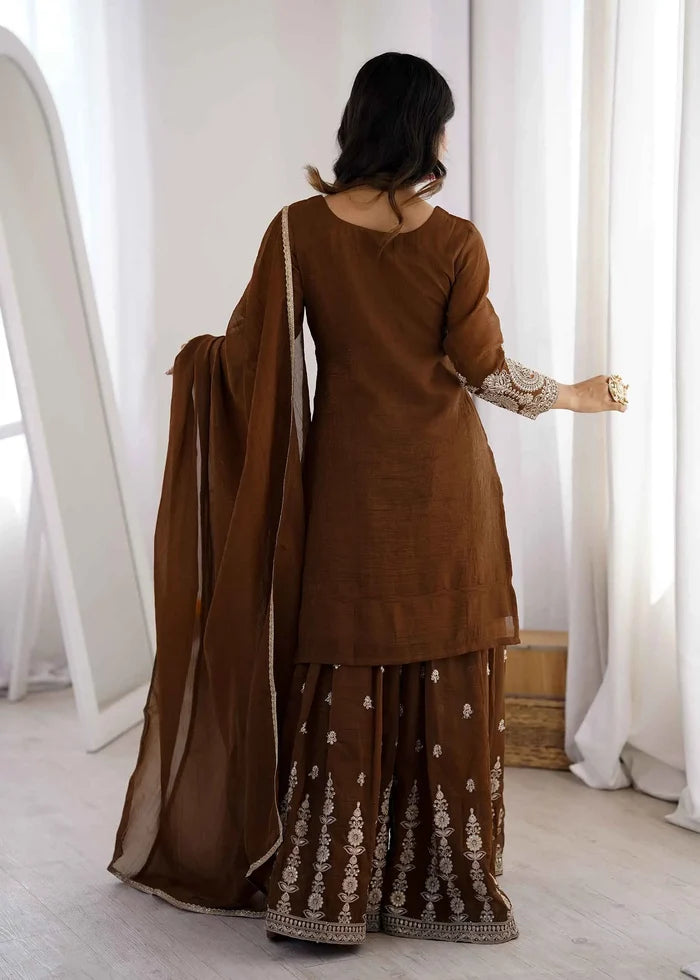 Brown Embroidery Work Sharara Set