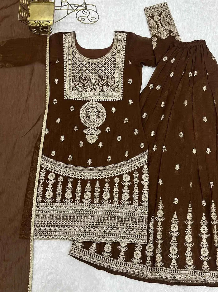 Brown Embroidery Work Sharara Set
