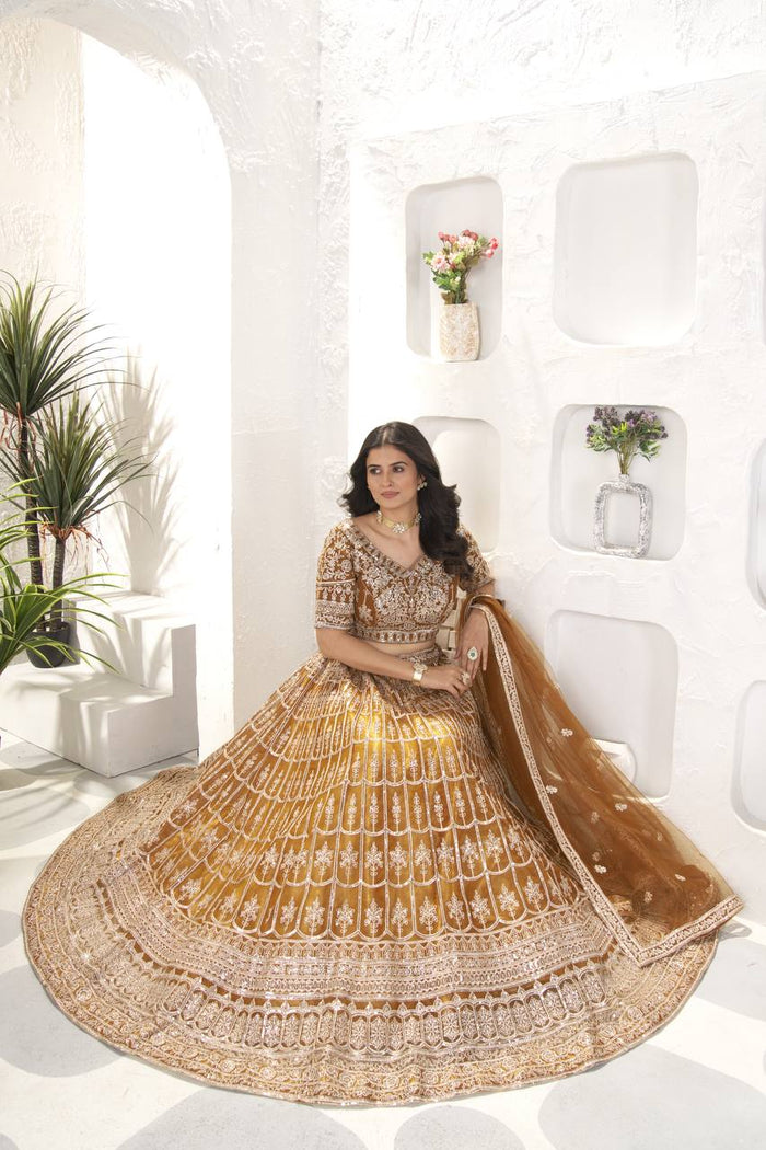 BROWN NET EMBROIDERY SEQUENCE DESIGN WORK LEHENGA - INSPIRED | Ready To Wear - qivii