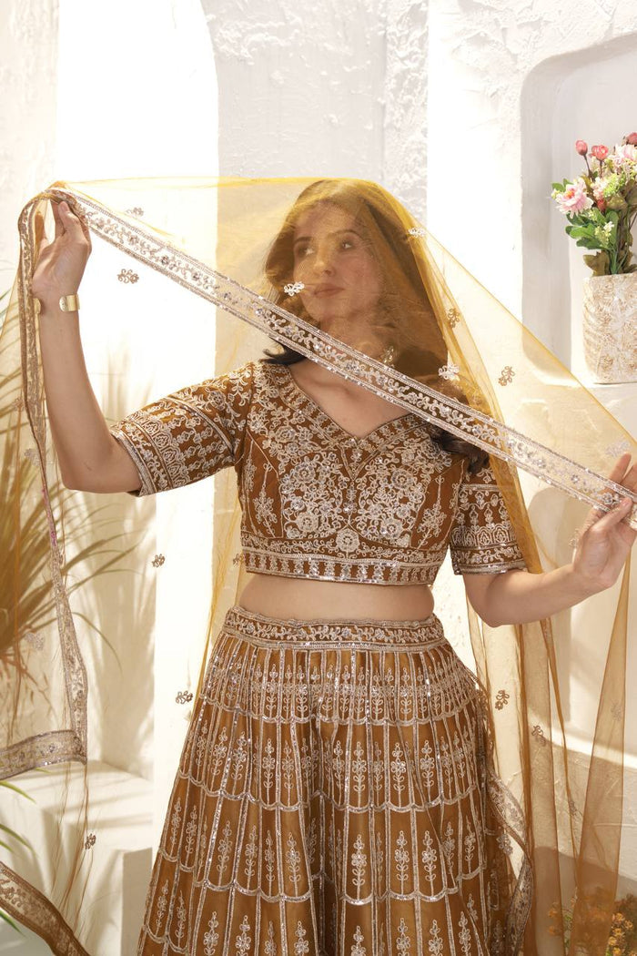 BROWN NET EMBROIDERY SEQUENCE DESIGN WORK LEHENGA - INSPIRED | Ready To Wear - qivii
