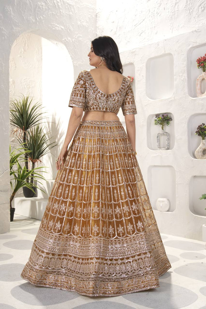 BROWN NET EMBROIDERY SEQUENCE DESIGN WORK LEHENGA - INSPIRED | Ready To Wear - qivii