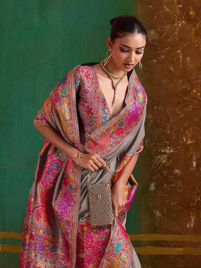 Brownish Grey Cotton Pashmina Weaving Saree
