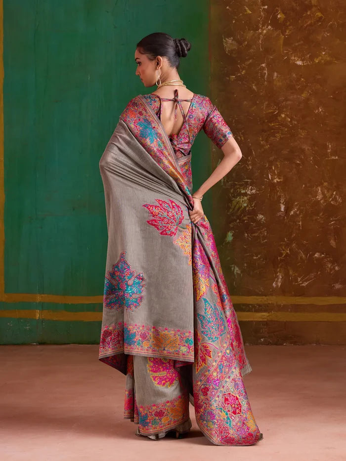 Brownish Grey Cotton Pashmina Weaving Saree