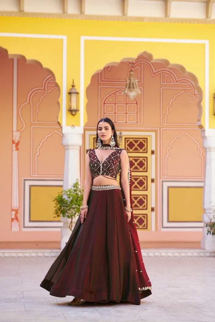 Burnt Maroon Embroidered Lehenga Choli