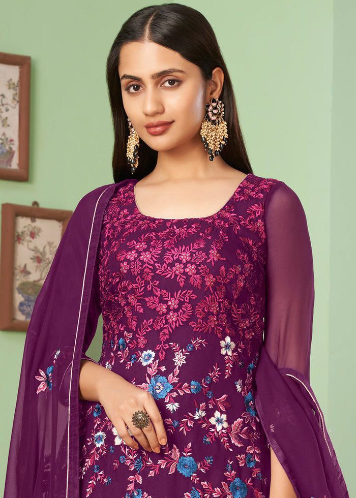 Byzantine Purple Georgette Salwar Suit with Multi Colour Thread Embroidery & Sequence work - qivii