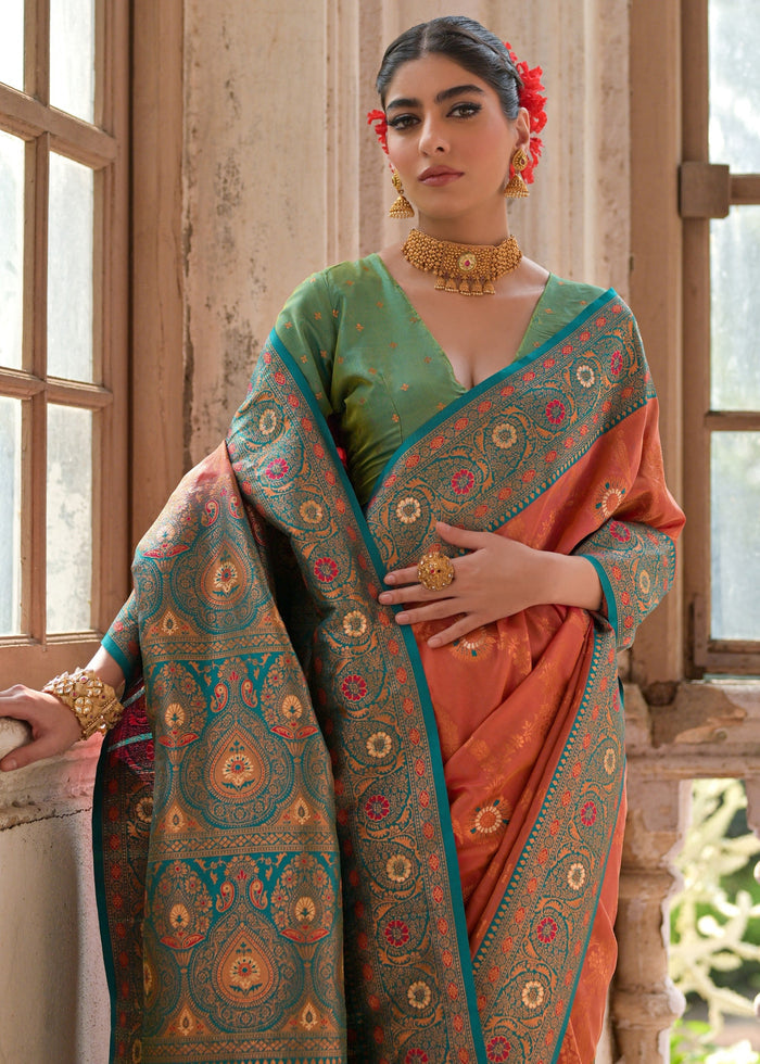 Carrot Orange All Over Flower Printed Zari Woven Banarasi Silk Saree With Contrast Pallu - qivii