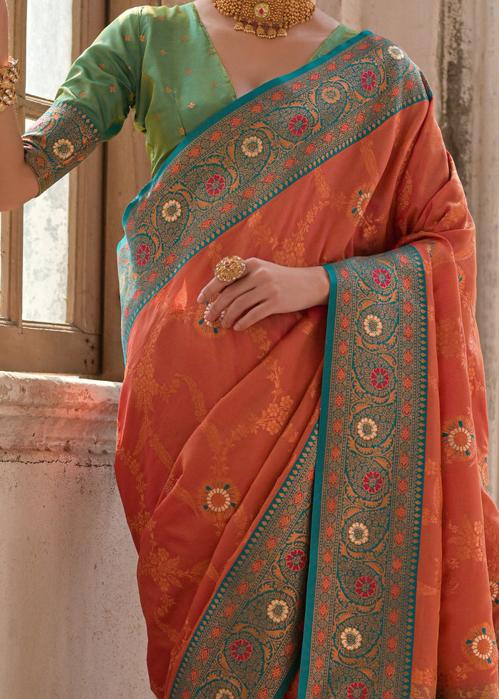 Carrot Orange All Over Flower Printed Zari Woven Banarasi Silk Saree With Contrast Pallu - qivii