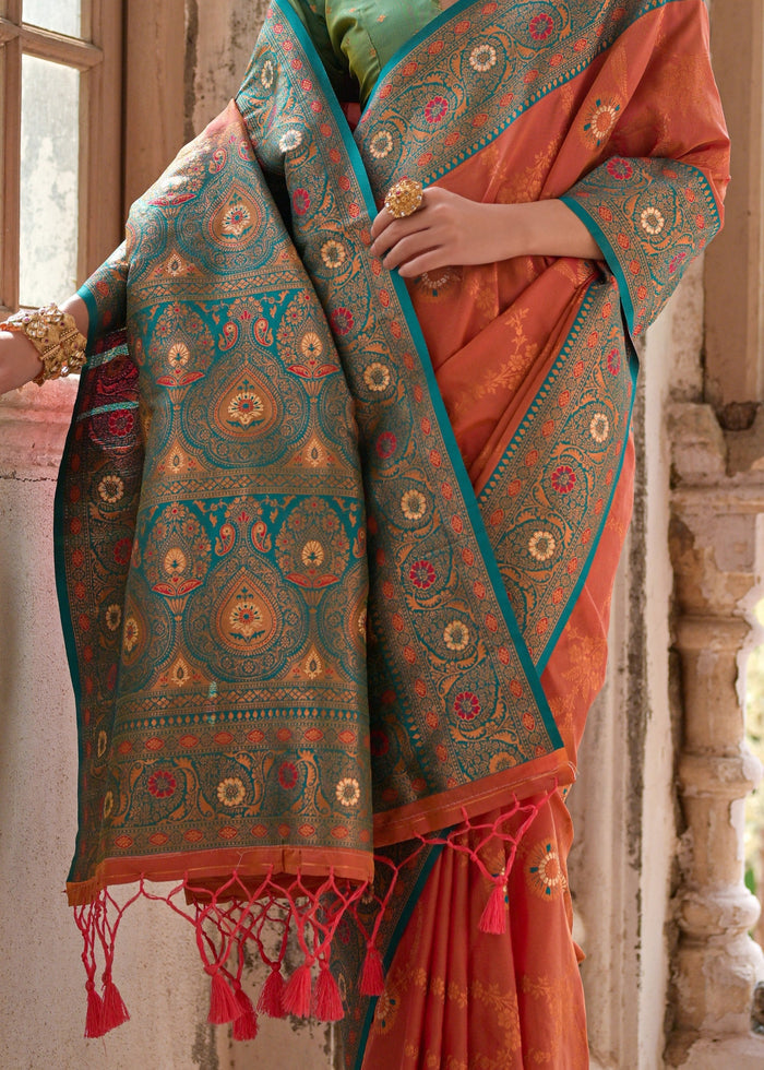 Carrot Orange All Over Flower Printed Zari Woven Banarasi Silk Saree With Contrast Pallu - qivii