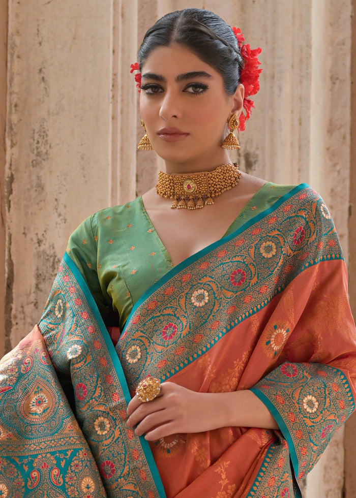 Carrot Orange All Over Flower Printed Zari Woven Banarasi Silk Saree With Contrast Pallu - qivii