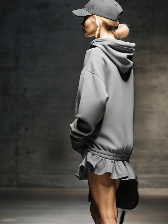 Casual And Fashionable Hooded Elastic Hem Gray Sweatshirt Mini Dress  - By Qivii