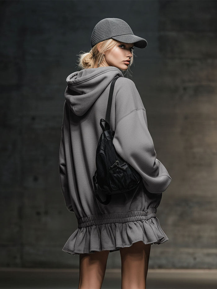 Casual And Fashionable Hooded Elastic Hem Gray Sweatshirt Mini Dress  - By Qivii
