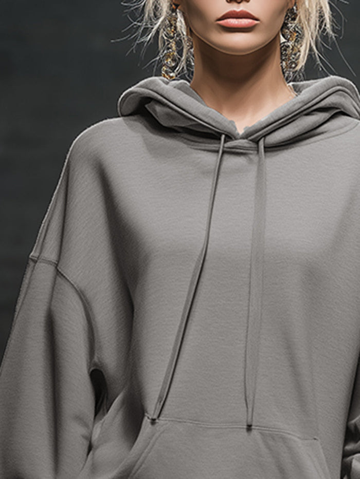 Casual And Fashionable Hooded Elastic Hem Gray Sweatshirt Mini Dress  - By Qivii