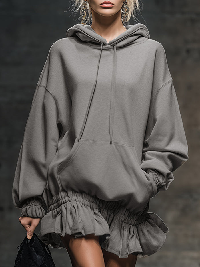 Casual And Fashionable Hooded Elastic Hem Gray Sweatshirt Mini Dress  - By Qivii