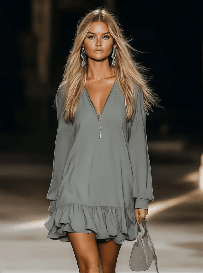Casual Loose Fashion Zipper V-neck Long Sleeve Lotus Leaf Hem Gray Mini Dress  - By Qivii