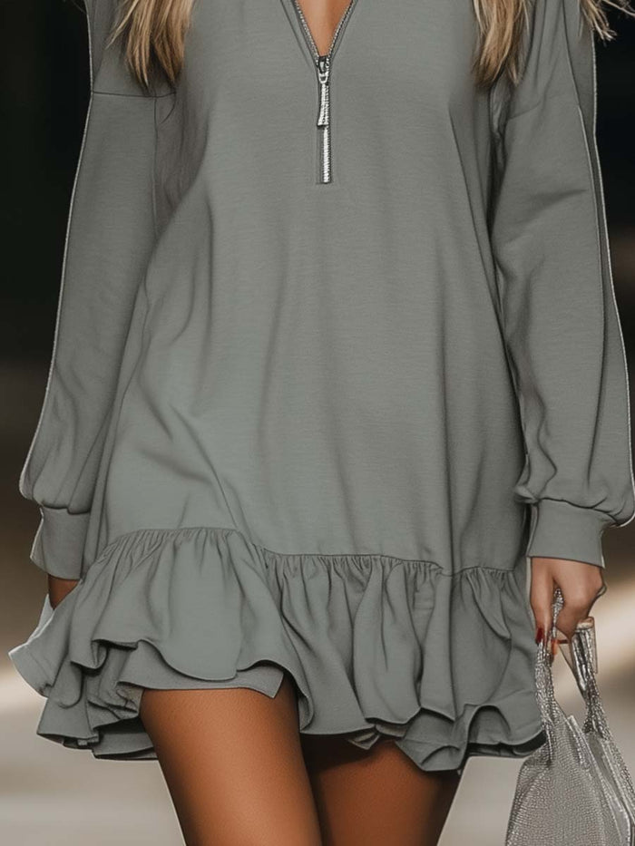Casual Loose Fashion Zipper V-neck Long Sleeve Lotus Leaf Hem Gray Mini Dress  - By Qivii