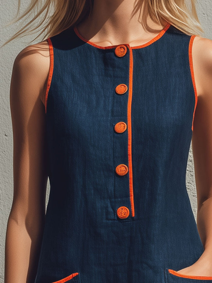 Casual Retro Color-blocked Trim Blue Sleeveless Round Neck Cotton Linen Mini Dress  - By Qivii
