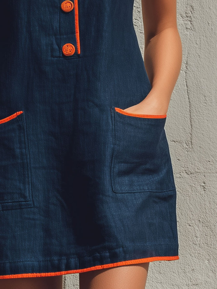Casual Retro Color-blocked Trim Blue Sleeveless Round Neck Cotton Linen Mini Dress  - By Qivii