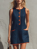 Casual Retro Color-blocked Trim Blue Sleeveless Round Neck Cotton Linen Mini Dress  - By Qivii