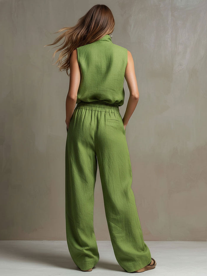Casual Retro Green Cotton Linen Sleeveless Zip-up Shirt And Wide-leg Pants Set  - By Qivii