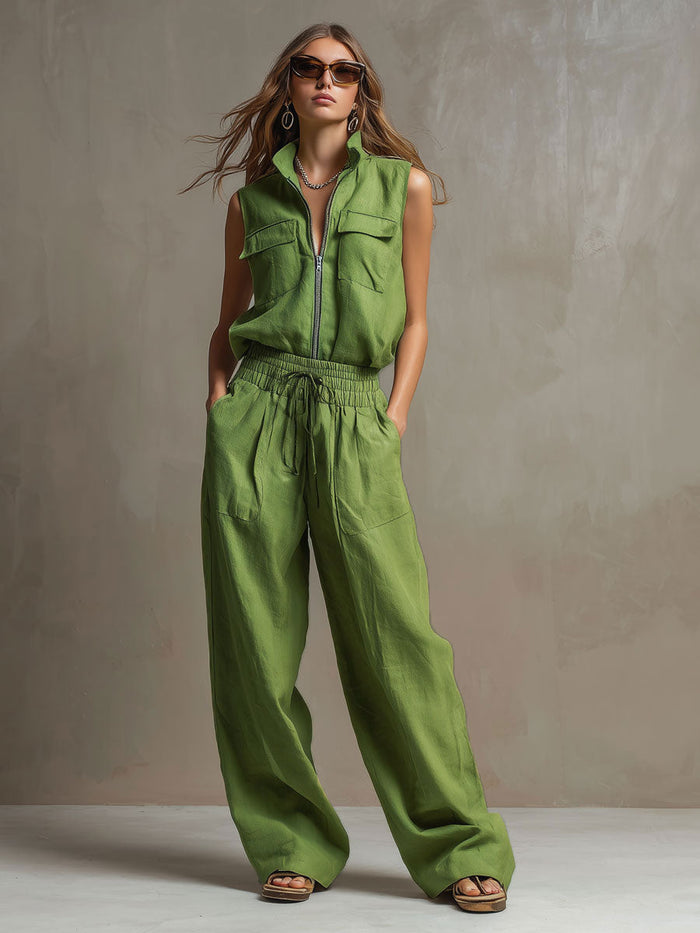 Casual Retro Green Cotton Linen Sleeveless Zip-up Shirt And Wide-leg Pants Set  - By Qivii