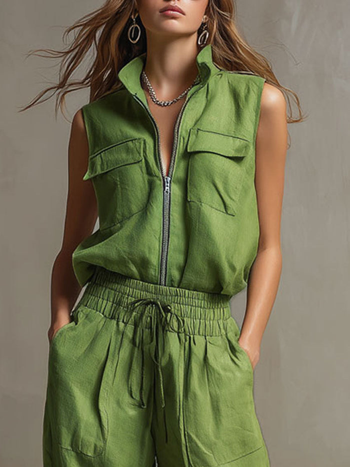 Casual Retro Green Cotton Linen Sleeveless Zip-up Shirt And Wide-leg Pants Set  - By Qivii