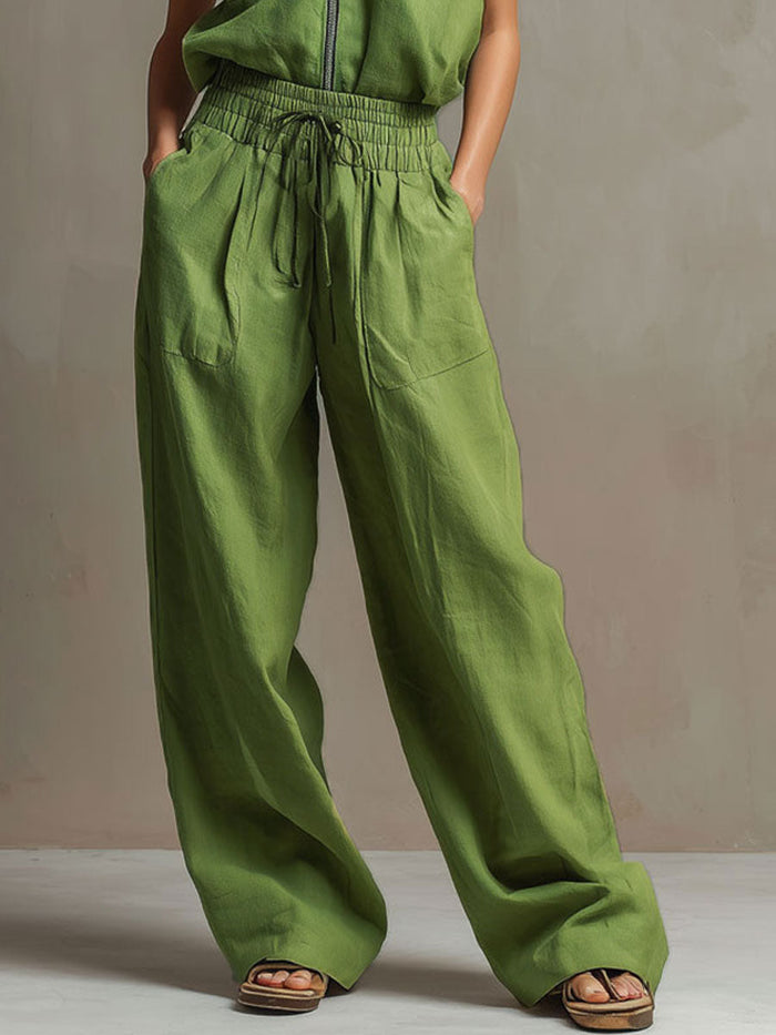 Casual Retro Green Cotton Linen Sleeveless Zip-up Shirt And Wide-leg Pants Set  - By Qivii