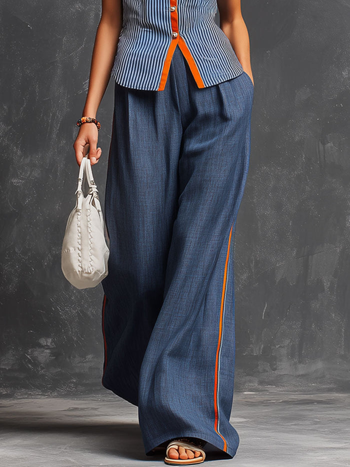 Casual Retro Orange And Blue Striped Cotton Linen Sleeveless Shirt And Wide-Leg Pants Set  - By Qivii