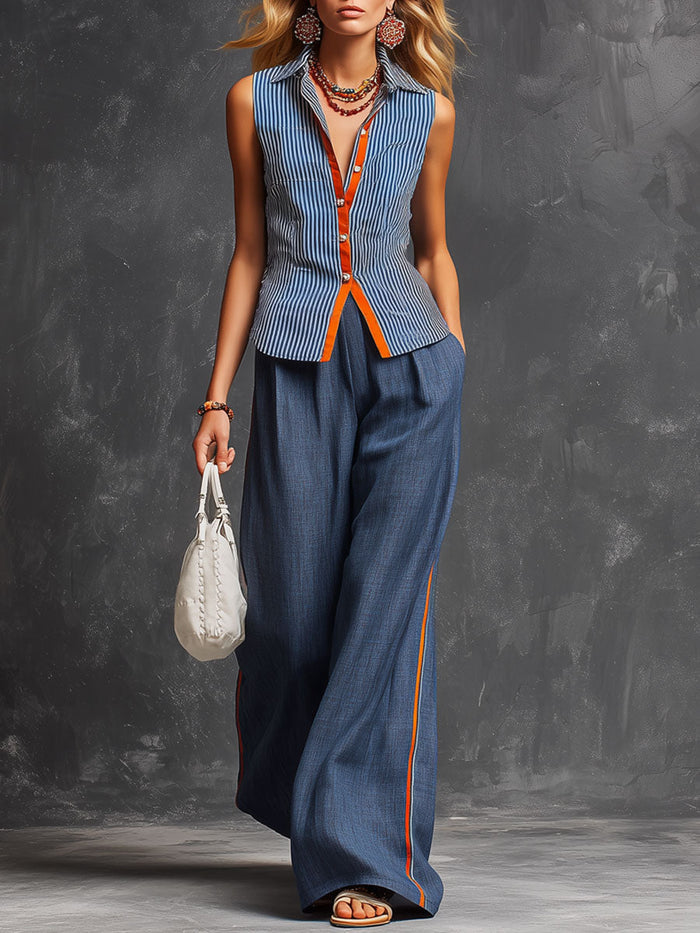 Casual Retro Orange And Blue Striped Cotton Linen Sleeveless Shirt And Wide-Leg Pants Set  - By Qivii